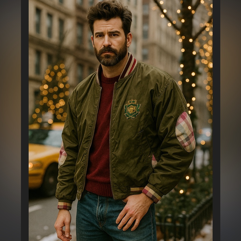 Mureli Italy green silk bomber jacket golf embroidered crest plaid RARE fall L